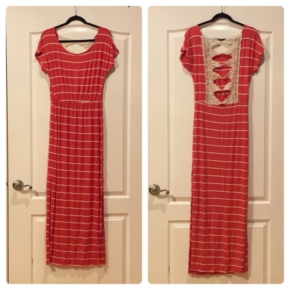 NWT Striped Flowy Crochet Back Long Dress - Picture 1 of 13